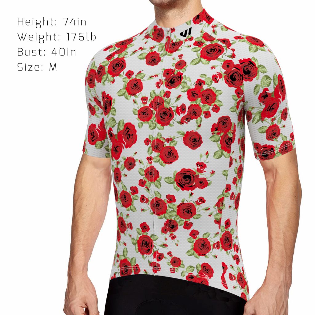 wulibike mens bike jersey short sleeve Red Bubbles Rose M10089-model show