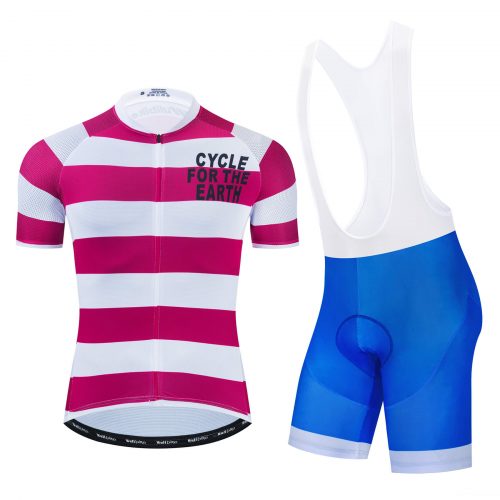 A picture of a man's red and white short-sleeved top and blue bib shorts cycling suit