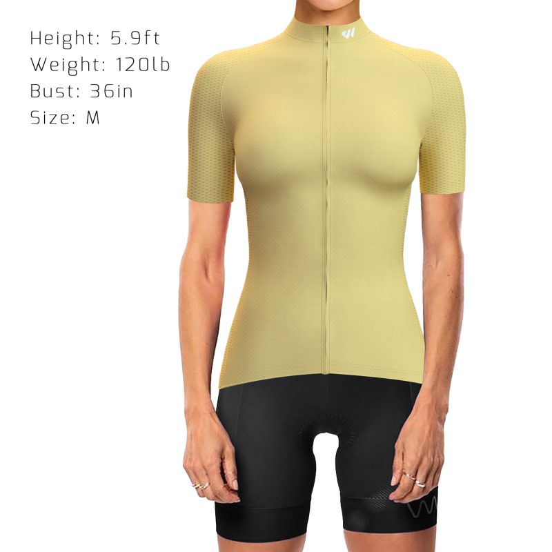 wulibike women short sleeve bike jersey Goose Yellow W1009-model show