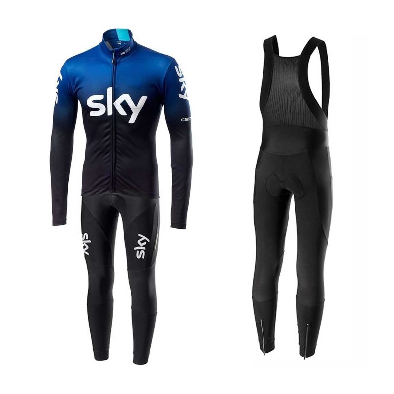 mens cycling professional kit Sky Team 2019 Cyclin Kit Long Sleeve Black Blue front