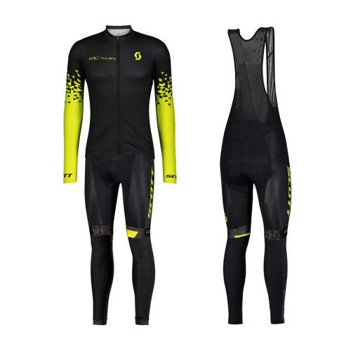 mens team cycling kit jersey and bib Scott Team 2021 Cyclin Kit Long Sleeve Black Yellow front
